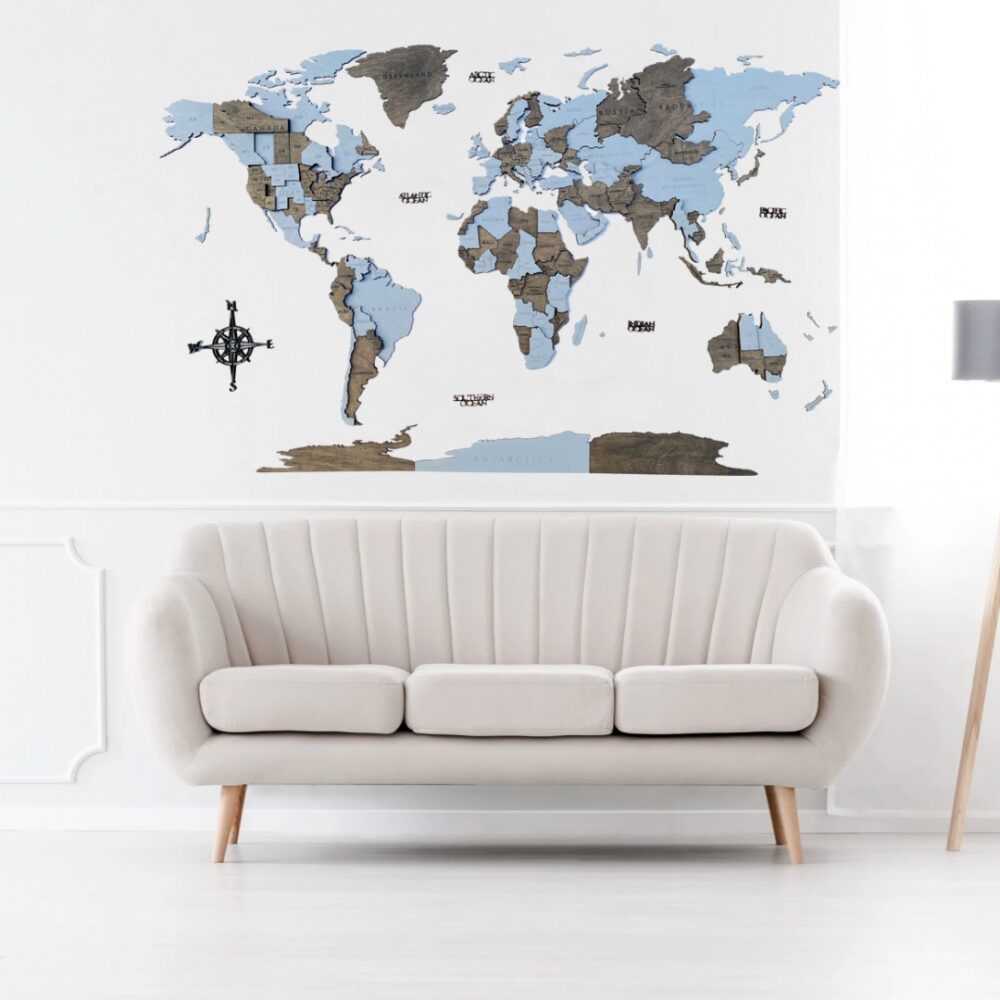 Harta Lumii 3D Greyscale (Lemn, Optiune LED)