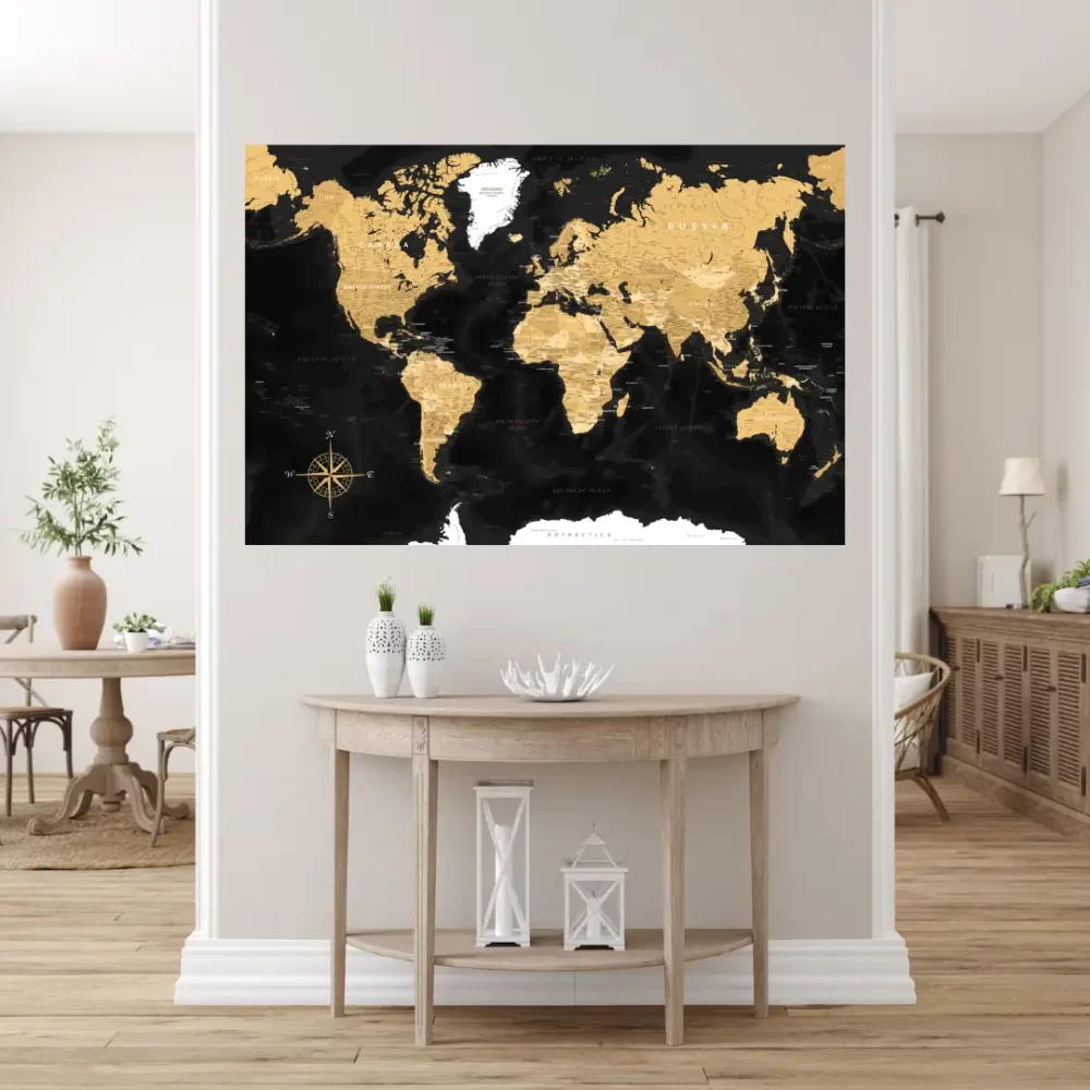 Hartă a lumii cu ace Push Pins – Midnight Gold