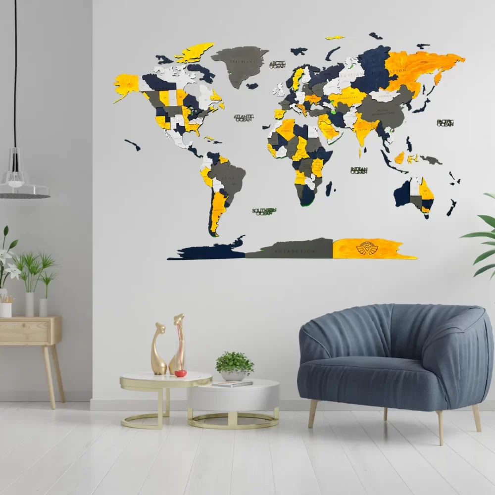 Harta Lumii 3D Nord (Lemn, Optiune LED)