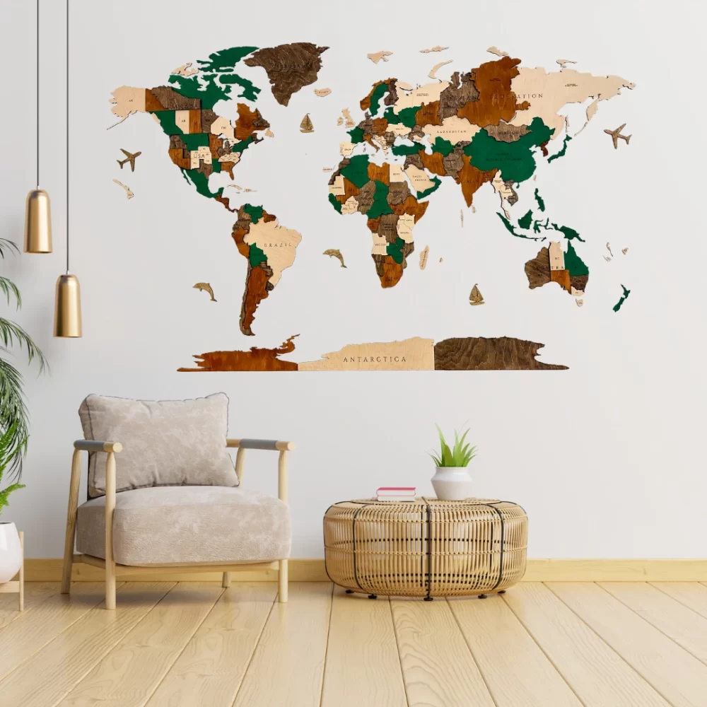 Harta Lumii 3D Bush (Lemn, Optiune LED)